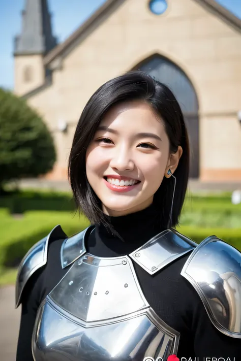 ((highest quality)), ((masterpiece)), (be familiar with), perfect face、A neat and beautiful woman wearing armor、black hair、ear piercing、smile、beautiful teeth、The background is a church