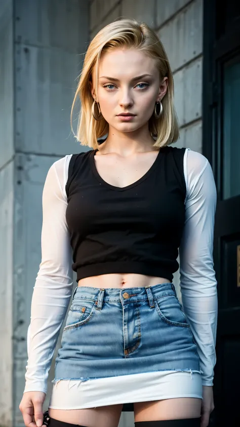 Best Quality, Sophie Turner, hight resolution, and18, 1girl in, Android 18, Solo, Blonde hair, Blue eyes, Short hair, earrings, Jewelry, Denim Vest, open vest, Black pantyhose, Black shirt, jean skirt, Striped long sleeves, Blue skirt, medium breasts, Cowb...