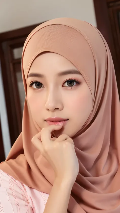 fotografi seorang muslimah pakaian warna pink beige, tersenyum ke kamera, latar belakang berwarna putih, ada kepulan asap dibelkang wanita, warna putih dan pink beige,salah satu tangan membentuk setengah love, full hd, realistis, 16k