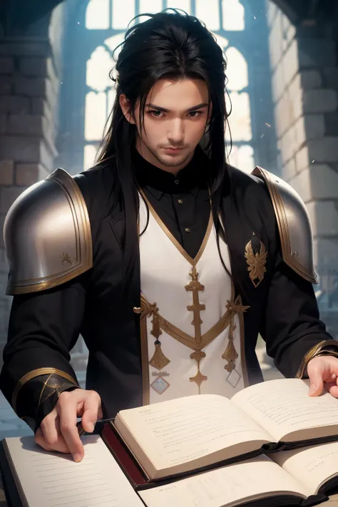 ((best quality)), ((masterpiece)), (detailed),1man, black eyes, long black hair, black tie, white armor, spell book and great sword, muscular, Bow on Back, not Hansome, castle background, 35 year old,