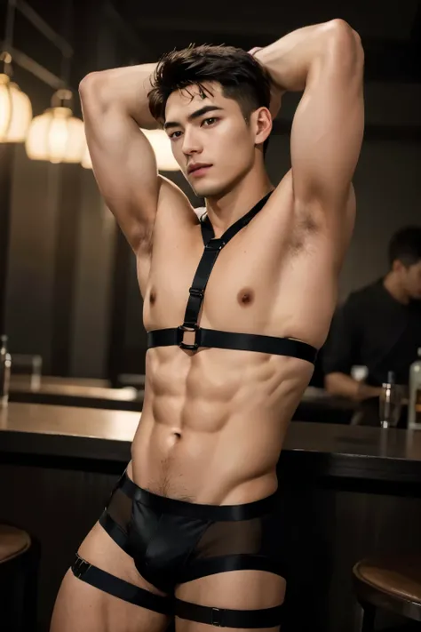 1man,20yo, young man, perfect face, handsome, slim but fit body, instagram model, (b0ndage,strap, bondage outfit), lean on the bar, in nightclub, neno lights, close-up shot, dynamic pose, arms behind head, showing very manly armpits, (homoerotic), highly d...