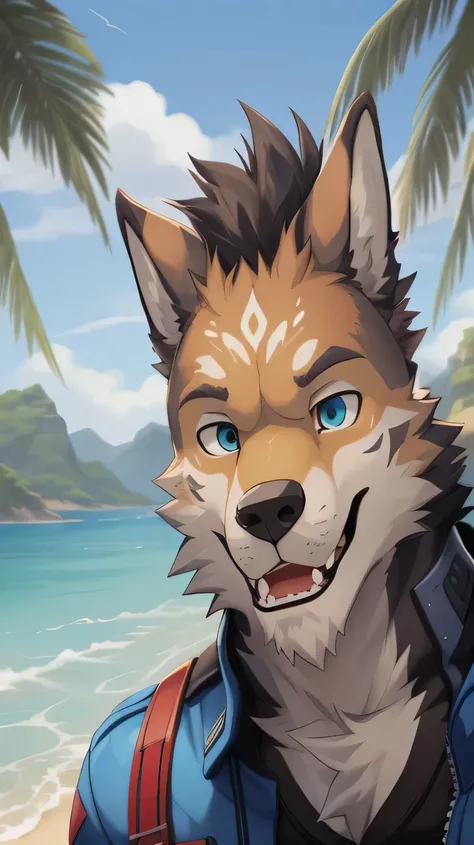 personagem de anime com olhos azuis e uma mochila na praia, portrait of uma antropo lobo, retrato de personagem peludo, makoto shinkai ( apex legends ), retrato antropo, arte antropo, arte fursona, pov arte peluda, arte de fantasia peluda, very very beauti...