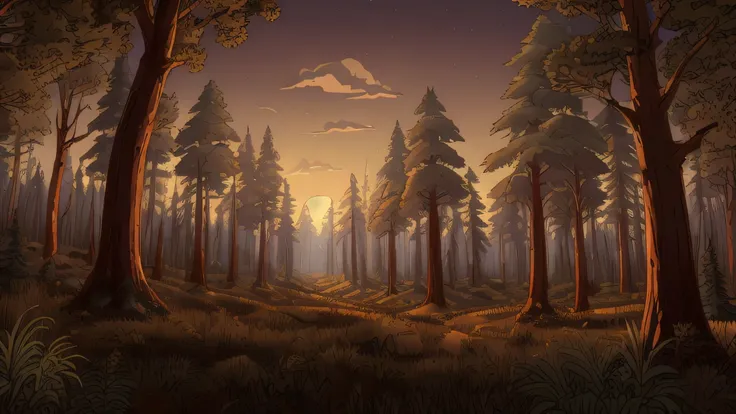 3d cartoon forest, late evening, golden hour, highest quality, darker tone, masterpiece, 8k uhd, no people