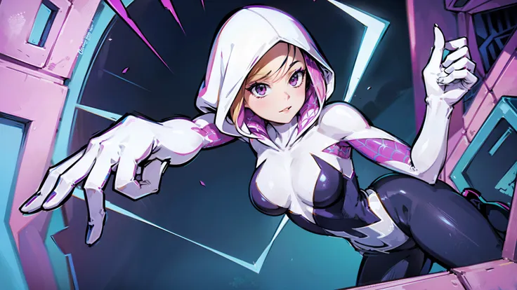 spider gwen in her full body costume with hand drawn lines, background fortnite, fortnite game