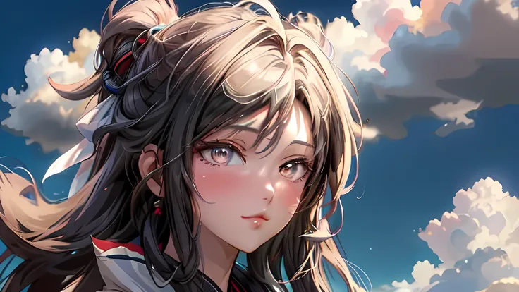 ((Best quality)), ((Meisterwerk)), (detailliert), perfektes Gesicht, hot sexy cute anime girl, Long white hair, clouds, andere dimension, ultra details, nice background, extreme beauty, schmuck, desire, destiny, love, 