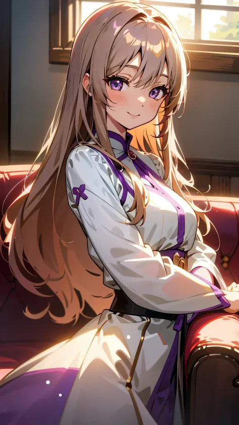 1 girl、anime style、美しい light brown hair、beautiful purple beautiful eyes、long hair、transparent hair、translucent hair、smile、expression of strong pleasure、From the side、upper body close-up、Western-style room、sofa、morning、Lens flare、shiny, Glossy skin、sexy cos...