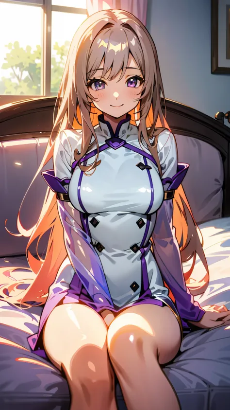 1 girl、anime style、美しい light brown hair、beautiful purple beautiful eyes、long hair、transparent hair、translucent hair、smile、expression of strong pleasure、Bedroom、sofa、morning、Lens flare、shiny, Glossy skin、sexy costume