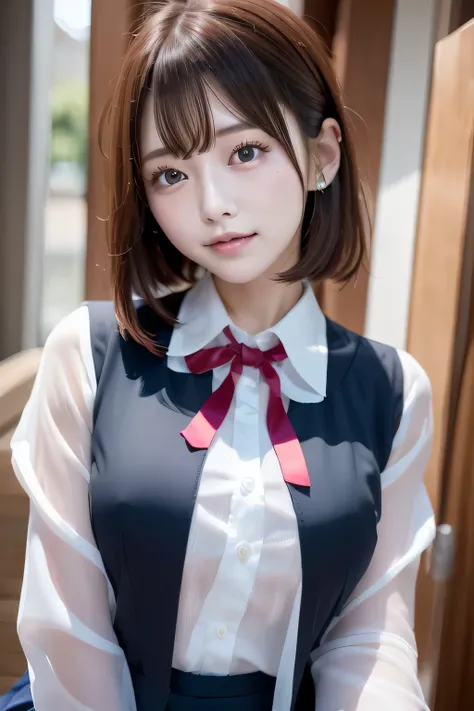 one high school girl、blush、((girls school uniform:1.3))、(white shirt、navy blue blazer、ribbon tie、ruffle it on the school stairs))、Look at the audience and smile、big and full breasts、transparent、thin, High school girl emphasizing her chest、Floral、hairpin、ne...