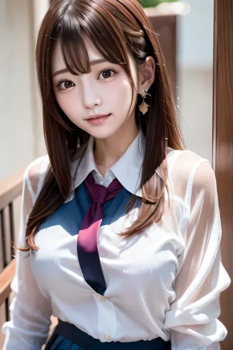 one high school girl、smile、smiling face、blush、((girls school uniform:1.3))、(white shirt、navy blue blazer、ribbon tie、ruffle it on the school stairs))、Look at the audience and smile、big and full breasts、transparent、thin, High school girl emphasizing her ches...