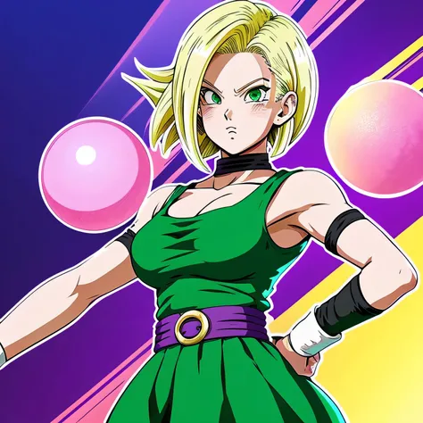 Dragon Ball Android 18 style illustration cute purple＆Green sexy girl beautiful girl image color is gold and red overall