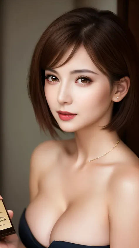 1 girl, highest quality, 35mm lens, f/1.8, perfect skin, realistic, (adult face:1.2), 8K, award winning photography,nice, (portrait:0.6), cinematic, ultra high resolution,big breasts,cleavage,short hair
