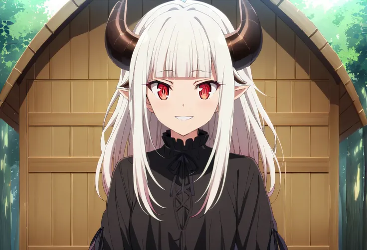 concept art, ((cg)), zoom in face, fazendo bico, ((cara de brava)), lolita, ((((long white hair)))), ((horns)), (((red eyes))), ...