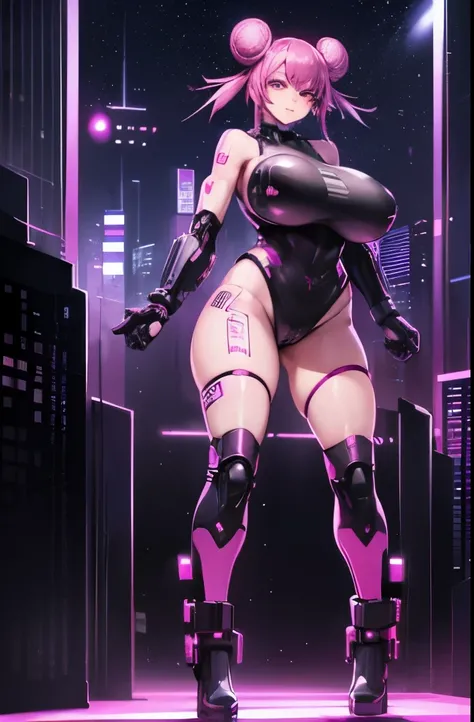 ((cyberpunk aesthetic)), (full body), (cyberware), (showing skin), (((large_breasts))), (pink_hair), (double bun hair), (red light district city background), (glowing lights), (starry night sky) (confident expression), (smug expression), (seductive), (past...