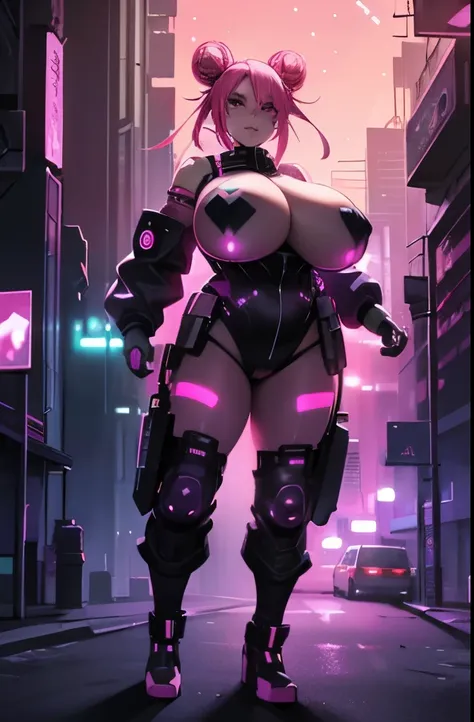 ((cyberpunk aesthetic)), (full body), (cyberware), (showing skin), (((large_breasts))), (pink_hair), (double bun hair), (red light district city background), (glowing lights), (starry night sky) (confident expression), (smug expression), (seductive), (past...