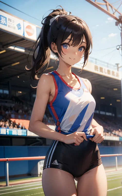 realisticlying，extremely detailed CG、high resolution、absurderes:1.8、detailed background:1.3、beautiful detailed hair、detailed eyes、、、、、、 1 girl, track and field player, shiny skin、beautiful body、 ((buruma、 sleeveless track and field Tank top、attractive thig...