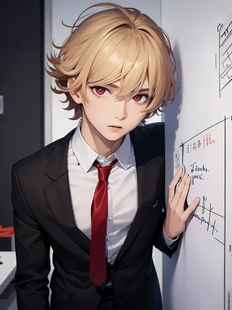 1boy,handsome,17 years old,Stand in front of the whiteboard,close up photo,Perfect face, HD face, ultra detailed face, short hair, blonde hair, messy hair, bright red eyes, vampire, black shirt, black trousers, red tie, ultra detailed, ultra HD