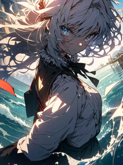 NSFW,((masterpiece)),(((highest quality))),((Super detailed)),((((anime-like)))),((messy hair)),((frills)),(1 girl),(alone),sex from behind, (((butt focus))),,lipstick,dynamic angle,big top sleeves,floating,beautiful detailed sky,beautiful detailed water,b...