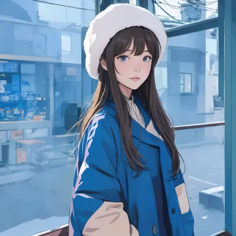 Anime girl wearing a blue coat and white hat standing in front of the window, digital anime illustration, lofi girl, portrait of lofi, anime style illustration, anime style portrait, cute anime girl portrait, beautiful anime portrait, anime girl portrait, ...