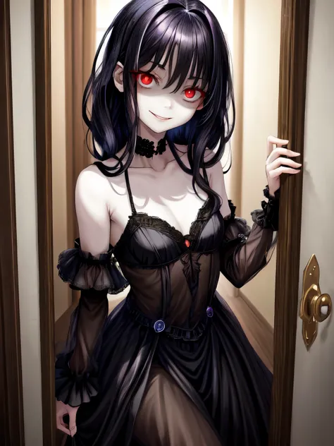 masterpiece, best quality, highres, 1girl, woman, shaded face, creepy smile, doorway, red eyes, head tilt, small pupils, small iris, black hair, messy hair, bedhair, black dress, dark light, medium breasts