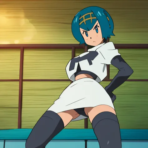 1girl in, (Solo:1.2), (Perfect body:1.1), (Best Quality:1.1), , very large breast, hands on hip,team rocket uniform, red letter r, white skirt,white crop top,black thigh-high boots, black elbow gloves, glaring angrily, looking at viewer, hands on hips,zett...