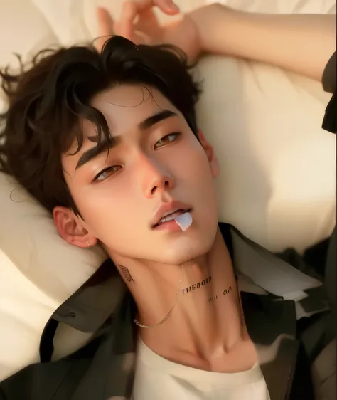 hombre arafed acostado en una cama con un cigarrillo en la boca., cai xu kun, pintar ulzzang, jinyoung shin, kim doyoung, hyung ...