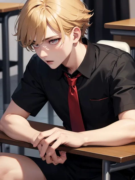 1boy,handsome,17 years old,Sitting in class,close up photo,Perfect face, HD face, ultra detailed face, short hair, blonde hair, messy hair, bright red eyes, vampire, black shirt, black trousers, red tie, ultra detailed, ultra HD