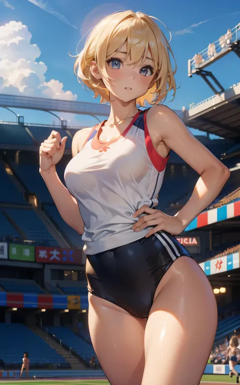 realisticlying，extremely detailed CG、high resolution、absurderes:1.8、detailed background:1.3、beautiful detailed hair、detailed eyes:1.6、、、、、、 1 girl, track and field player, shiny skin、beautiful body、 ((buruma、 sleeveless track and field Tank top、attractive ...