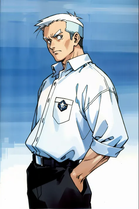 by Ken Sugimori, sugimori 1990s, ((only 1man)), security guard, wicked, middle-aged, white shirt ((hands behind their back)), full black pupils, manga, best quality, highly detailed, clean lines, cowboy shot, good hands, good eyes, hd, 8k, professional, sy...