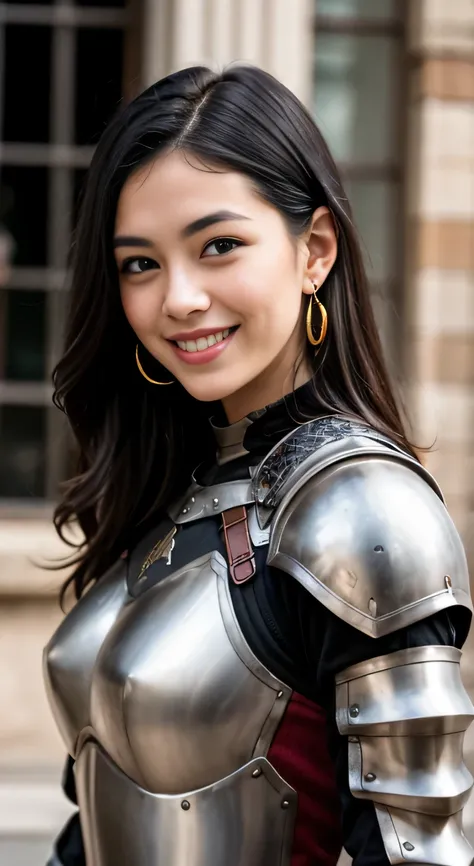 A neat and beautiful woman wearing armor、black hair、ear piercing、smile、beautiful teeth、Background is the association
