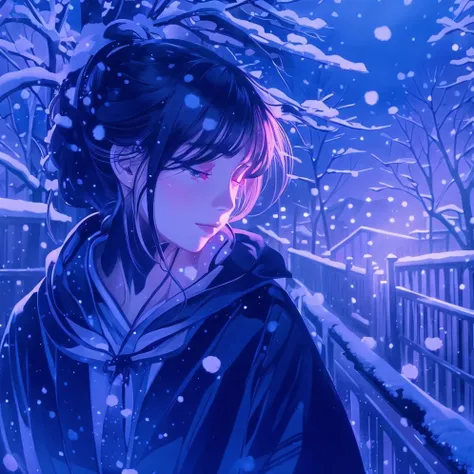 snow covered tree々Anime girl wearing a blue jacket standing in the area of, 4k manga wallpaper, beautiful anime portrait, digital anime illustration, Makoto Shinkai&#39;s art style, makoto shinkai cyril rolando, inspired by Itō Shinsui, anime art wallpaper...