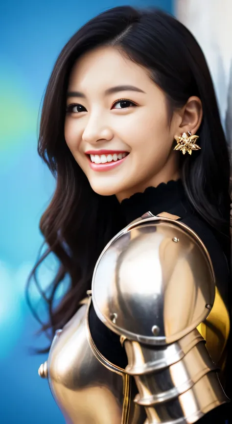 A neat and beautiful woman wearing armor、black hair、ear piercing、smile、beautiful teeth、Background is the association