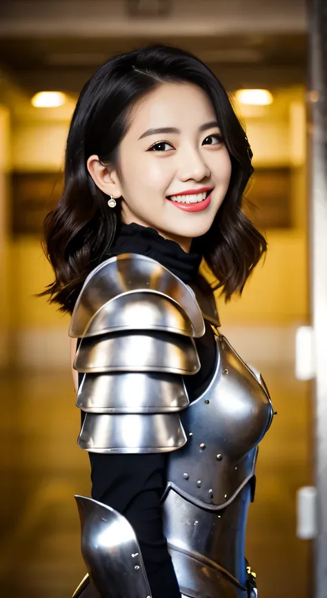 A neat and beautiful woman wearing armor、black hair、ear piercing、smile、beautiful teeth、Background is the association
