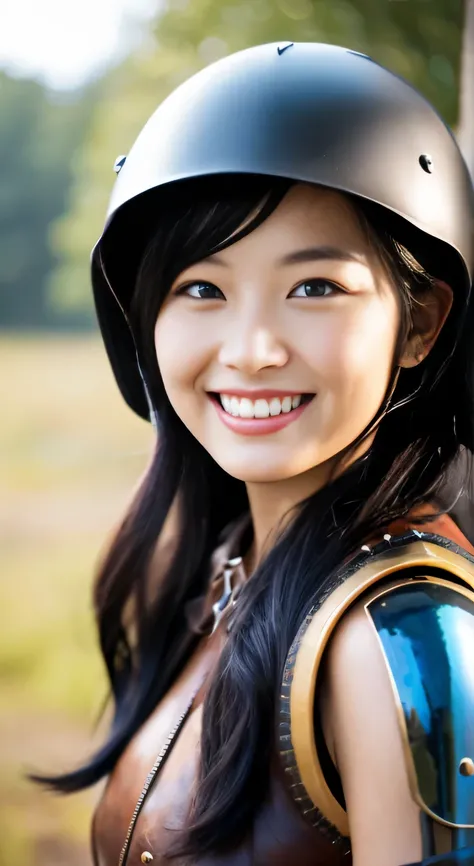 A neat and beautiful woman wearing armor、black hair、smile、beautiful teeth、Background is the association、Wear a Western helmet on your head
