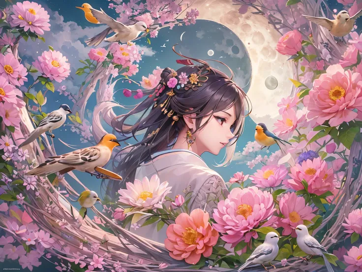 ((highest quality)),(ultra high resolution),(Super detailed),(detailed description),((best CG)),(best work of art),super precision art,amazing drawing art,(Japanese style fantasy art with precise details:1.5), (Flowers, Birds, Wind and Moon:1.5),peace,peac...