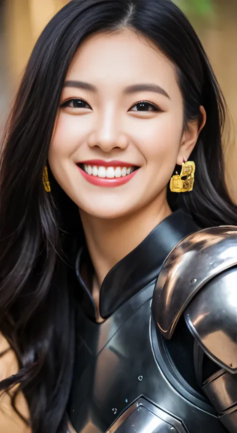 A neat and beautiful woman wearing armor、black hair、ear piercing、smile、beautiful teeth、Background is the association
