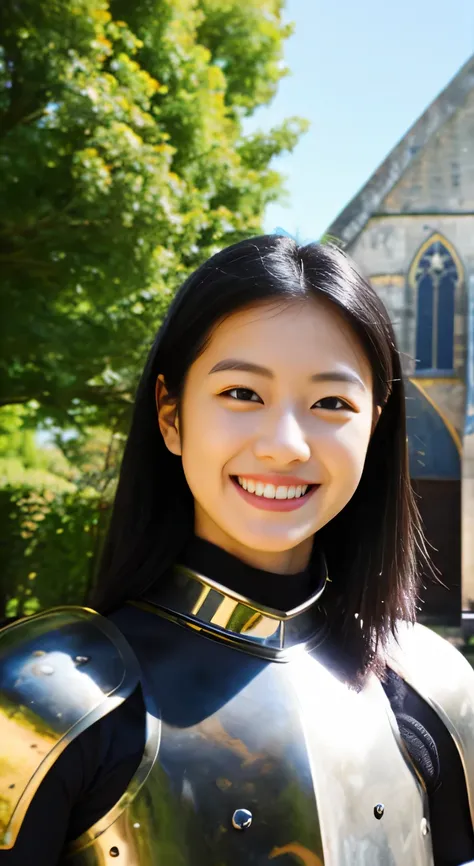 A neat and beautiful woman wearing armor、black hair、smile、beautiful teeth、The background is a church