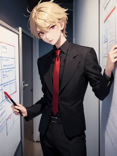 1boy,handsome,17 years old,Stand in front of the whiteboard,half body photo,Perfect face, HD face, ultra detailed face, short hair, blonde hair, messy hair, bright red eyes, vampire, black shirt, black trousers, red tie, ultra detailed, ultra HD