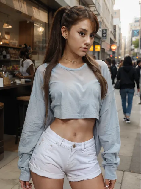 Ariana Grande posing in a cute outfit, fully clothed and looking sexy.  Pouty lips.