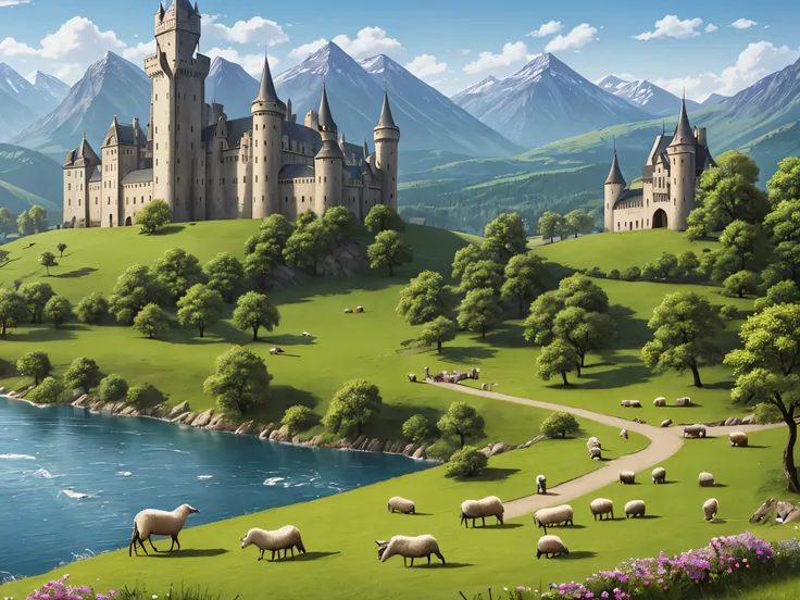 arafed castle with sheep grazing on the grass in front of a river, beautiful castle, scarry castle). mystical, highly detailed matte painting, matte painting”, matte painting ”, scarry castle)). mystical, beautiful render of a fairytale, high quality matte...