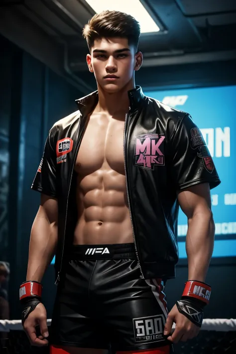 handsome teenage MMA fighter, very short hair, 1980s cyberpunk setting