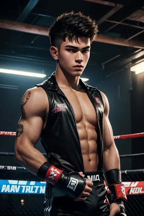 handsome teenage MMA fighter, very short hair, 1980s cyberpunk setting