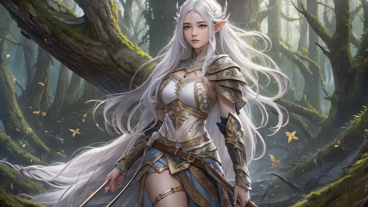 master piece), 8k, best quality, full body panoramic view, Elf, young, 17 years old With slightly flushed white skin, her long silver hair, green eyes, slim and athletic body, a height of 1.68 meters, which gave her a natural elegance, Detailed warrior out...