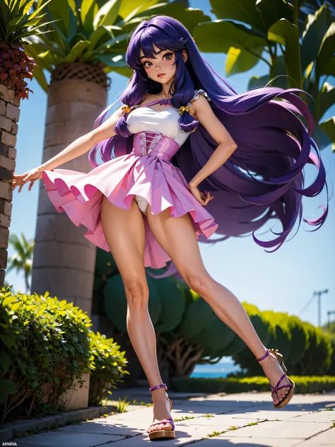 Garota anime de cabelo purple com saia vestido longo purple meio transparente e espartilho, 16 anos, corpo bonito, seios grandes, com hand in panties , hand in purple hair, Garota sexy, purple hair, mechas de cabelo laterais, mechas de cabelo na lateral do...