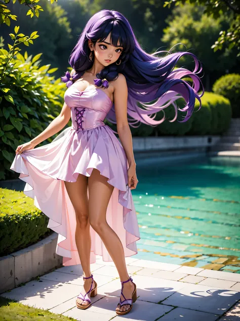 Garota anime de cabelo purple com saia vestido longo purple meio transparente e espartilho, 16 anos, corpo bonito, seios grandes, com hand in panties , hand in purple hair, Garota sexy, purple hair, mechas de cabelo laterais, mechas de cabelo na lateral do...