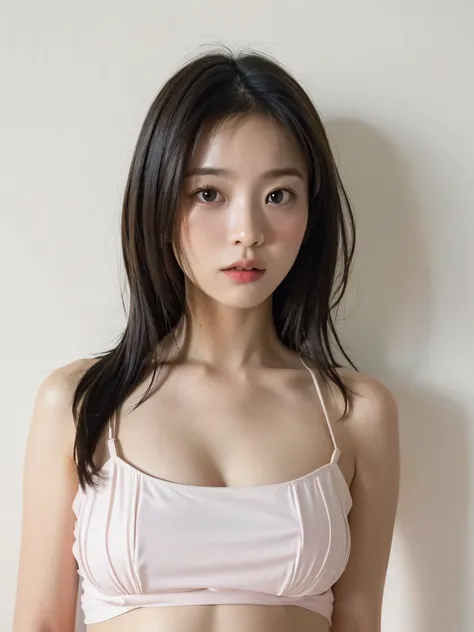 see-through tops、、camisole、constriction、abs、silky hair、(white wall in the background、some of the hair is baby pink:1.4)、white wa...