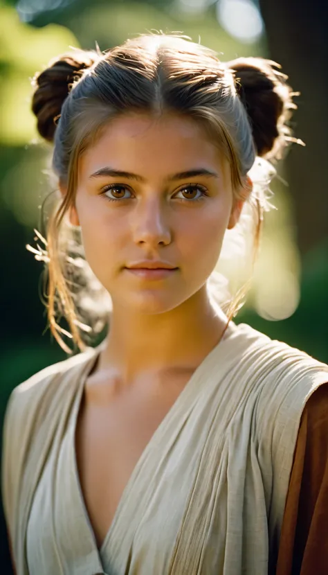 analog film photo, photo of a young padawan girl, 18 years-old, (jedi tunic:1.1), brown eyes, messy ponytail, light-brown sun-tanned skin, pretty, natural beauty, resembles a young Mary Elizabeth Winstead, Jedi temple gardens, RAW Photograph, dslr, soft li...