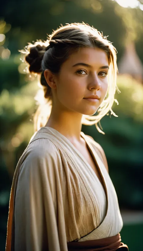 analog film photo, photo of a young padawan girl, 18 years-old, (jedi tunic:1.1), brown eyes, messy ponytail, light-brown sun-tanned skin, pretty, natural beauty, resembles a young Mary Elizabeth Winstead, Jedi temple gardens, RAW Photograph, dslr, soft li...