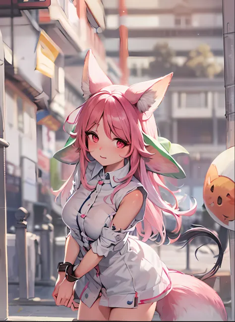 Nazuna Hiwatasi, 1 girl, outside, One, pink hair, body fur, Fox ears, Bald tail, A high resolution, dressed, fluffy, sharp focus, colorful, balls_Deep,