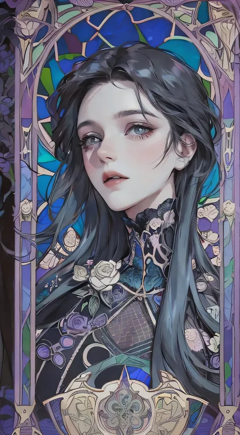 man, basic Art Nouveau, (((man))), A Vampire man tarot card with, man, perfect face, young, (((oval face))), dark clothes, soft and melancholic facial features, delicated, no wrinkles, gothic style, perfect detailed eyes and face, black hair and blue eyes ...