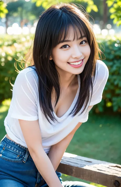 realistic, alone, beautiful japanese woman, rough shirt, denim pants, natural appearance, white skin, cute smile, I haven&#39;t decided on a rough hairstyle, soft morning sunlight, morning park, (((sexual temptation)), ((((uncontrollable sexual desire)))),...